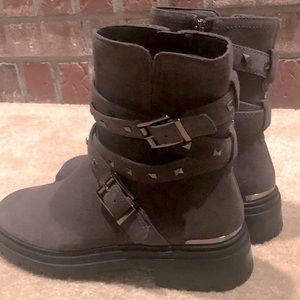 NWOT Attached Vince Camino Grey Buckle Logo Booties. Upper Leather Size 8.5 U.S.